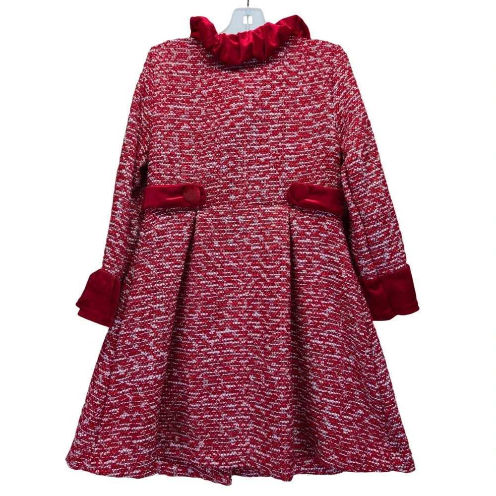 Blueberry Blvd Girls Red‎ Tweed Velvet Trim Ruffle Collar Coat Size 6 6X Kidcore
